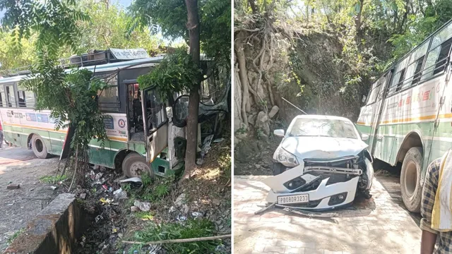 HRTC ਬੱਸ ਦੇ ਬ੍ਰੇਕ ਫੇਲ੍ਹ, ਕਾਰ ਨੂੰ ਟੱਕਰ ਮਾਰਨ ਤੋਂ ਬਾਅਦ ਪਹਾੜੀ ਨਾਲ ਟਕਰਾਈ; ਧਰਮਸ਼ਾਲਾ ਤੋਂ ਹੁਸ਼ਿਆਰਪੁਰ ਜਾ ਰਹੀ ਗੱਡੀ 'ਚ ਸਨ 50 ਸਵਾਰੀਆਂ