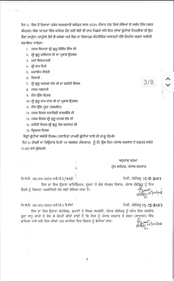 ਸਰਕਾਰੀ ਮੁਲਾਜ਼ਮਾਂ ਨੂੰ ਅਗਲੇ ਸਾਲ 13 ਵਾਰ ਮਿਲਣਗੀਆਂ 33 ਛੁੱਟੀਆਂ; ਪੰਜਾਬ ਸਰਕਾਰ